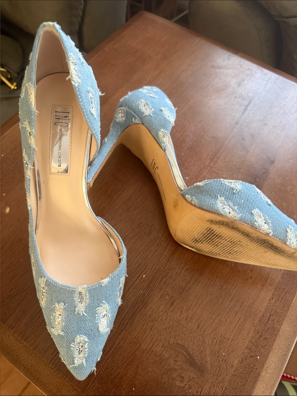 INC International Concepts Light Blue Distressed Denim Pointed Toe Pumps
